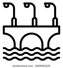 Bridge with arcs and lanterns line icon, construction structure concept. Vector graphics. Highway bridge at water sign on white background, style mobile or design