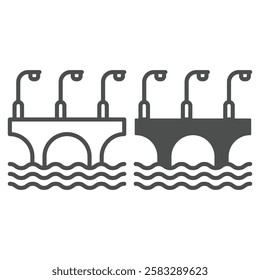 Bridge with arcs and lanterns line and solid icon, construction structure concept. Vector graphics. Highway bridge at water sign on white background, outline style icon for mobile or web design