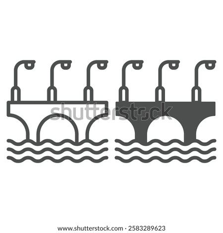 Bridge with arcs and lanterns line and solid icon, construction structure concept. Vector graphics. Highway bridge at water sign on white background, outline style icon for mobile or web design