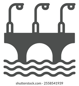 Bridge with arcs and lanterns solid icon, construction structure concept. Vector graphics. Highway bridge at water sign on white background, glyph style icon for mobile or web design