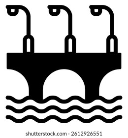 Bridge with arcs and lanterns solid icon, construction structure concept. Vector graphics. Highway bridge at water sign on white background, glyph style mobile or design