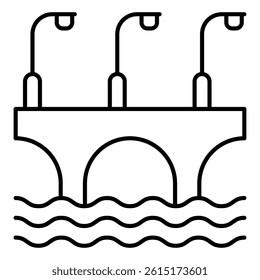 Bridge with arcs and lanterns thin line icon, construction structure concept. Vector graphics. Highway bridge at water sign on white background, style mobile or design