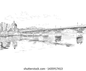 Bridge of Arts. Institute of France. Paris, France. Seine. Urban sketch. Hand drawn vector illustration