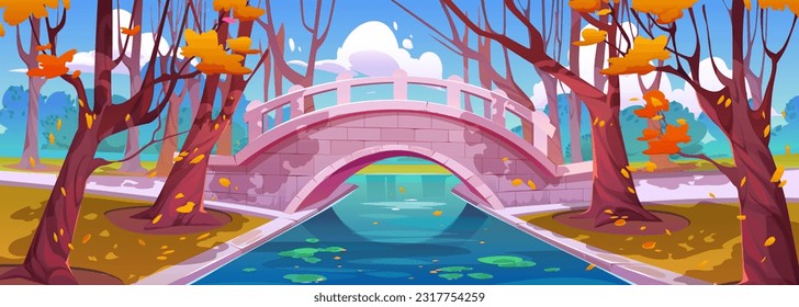 Bridge in autumn park with river cartoon landscape illustration. Water canal in forest with tree stem and falling orange leaves. Stone arch footbridge with fence in public nature garden design.