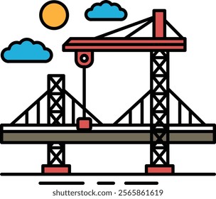 A bridge is being built with a crane in the background. The crane is red and yellow. The bridge is in the middle of the image