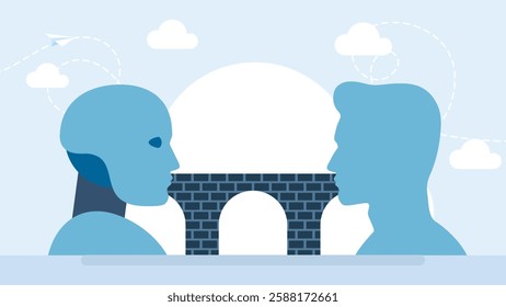 A bridge between the heads of a robot and a human. Collaboration with Artificial Intelligence. Building a bridge between robotics and humans. Vector illustration