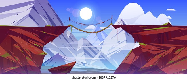 Bridge between mountains hang above cliff in snowy rock peaks landscape background. Beautiful scenery nature view, rope bridgework with wooden crossbars connect rocky edges Cartoon vector illustration
