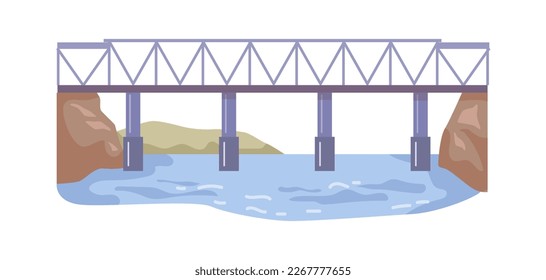 Bridge between river banks, overpass with columns connecting land pieces. Overpass for cars and people, architecture infrastructure. Vector in flat style