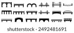 Bridge black silhouettes. Urban industrial architecture constructions, city design elements. Different bridges for town and village, nowaday vector icons