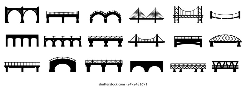 Bridge black silhouettes. Urban industrial architecture constructions, city design elements. Different bridges for town and village, nowaday vector icons