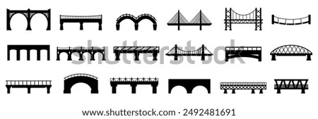 Bridge black silhouettes. Urban industrial architecture constructions, city design elements. Different bridges for town and village, nowaday vector icons