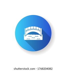 Bridge blue flat design long shadow glyph icon. Engineer structure for walk. Concrete passage on pillar. Elevated road for transportation transit. Silhouette RGB color illustration