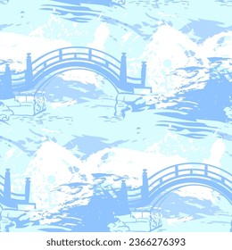 bridge blue white japanese chinese traditional vector illustration card background seamless pattern colorful watercolor ink textured