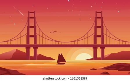 Bridge and boat at sunset flat vector illustration. Beautiful San Francisco landscape, pleasure boat with Golden Gate bridge on background. Sailboat silhouette at dusk. Picturesque evening view.