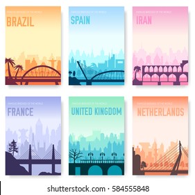 Bridge of Brazil, Spain, Iran, France, England, Netherland brochure cards set. Monument template of flyear, booklet, magazines, poster, book cover, banner. Invitation concept. Layout modern page