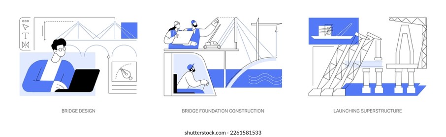 Bridge building abstract concept vector illustration set. Bridge design and foundation construction, launching superstructure, professional architect software, floating crane abstract metaphor.