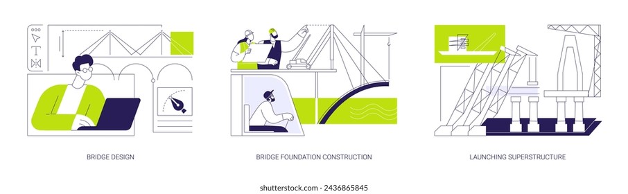 Bridge building abstract concept vector illustration set. Bridge design and foundation construction, launching superstructure, professional architect software, floating crane abstract metaphor.