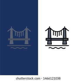 Bridge, Building, City, Cityscape  Icons. Flat and Line Filled Icon Set Vector Blue Background. Vector Icon Template background