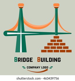 Bridge building logo in green and orange colors. Logotype for business. Vector illustrations.
