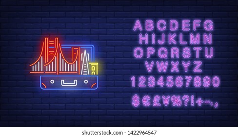 Bridge and buildings in open suitcase neon sign. Tourism, vacation, travel design. Night bright neon sign, colorful billboard, light banner. Vector illustration in neon style.