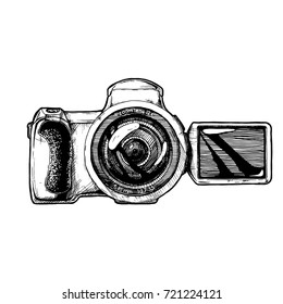 Bridge Camera With Articulating Screen. Vector Hand Drawn Sketch Of Digital Photocamera In Vintage Engraved Style On White Background.