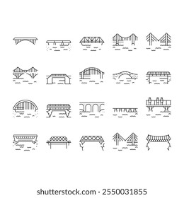 bridge city building road river icons set vector. suspension landmark, gate arch, metal skyline, architecture bay, tower landscape bridge city building road river black contour illustrations