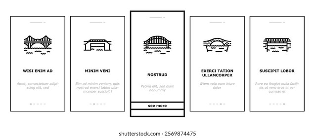 bridge city building road river onboarding mobile vector suspension landmark, gate arch, metal skyline, architecture bay, tower landscape bridge city building road river illustrations