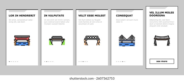 bridge city building road river onboarding mobile vector suspension landmark, gate arch, metal skyline, architecture bay, tower landscape bridge city building road river illustrations