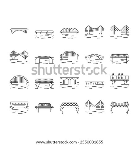 bridge city building road river icons set vector. suspension landmark, gate arch, metal skyline, architecture bay, tower landscape bridge city building road river black contour illustrations