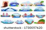 Bridge collection, set of different stickers isolated on white, vector illustration. Suspension bridge in mountains, railway road, canyon and river crossing. Industrial structure architecture cartoon