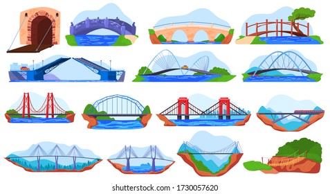 Bridge collection, set of different stickers isolated on white, vector illustration. Suspension bridge in mountains, railway road, canyon and river crossing. Industrial structure architecture cartoon