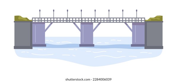 Bridge connecting river banks, overpass with road for cars and people. Architectural construction across water mass, structure from concrete. Vector in flat style