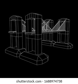 Bridge connection structure. Wireframe low poly mesh vector illustration.