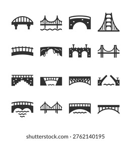 Bridge construction and architecture, monochrome icons set. Road and pedestrian bridges, suspension and arch structures, river crossing, transport infrastructure. Black and white symbols
