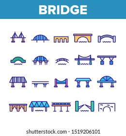 Bridge Construction Collection Icons Set Vector Thin Line. Concrete And Metal, Suspended And Pedestrian Bridge Concept Linear Pictograms. Crossing River Way Monochrome Contour Illustrations