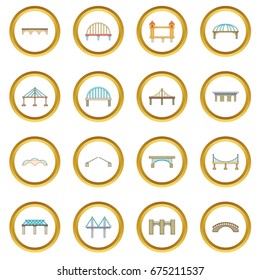 Bridge construction icons circle gold in cartoon style isolate on white background vector illustration