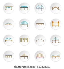 Bridge construction icons set. Cartoon illustration of 16.