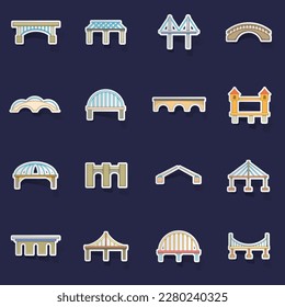 Bridge construction icons set stikers collection vector with shadow on purple background