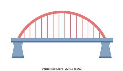 Construcción de puentes, arquitectura moderna aislada de ciudad o ciudad. Estructura simple de los pilares y de la masa de los ríos o las aguas. Pasaje peatonal y vehicular y carretera. Vector de estilo plano