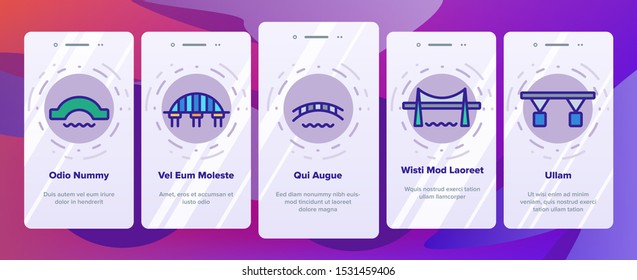 Bridge Construction Onboarding Mobile App Page Screen Vector Thin Line. Concrete And Metal, Suspended And Pedestrian Bridge Concept Linear Pictograms. Crossing River Way Contour Illustrations