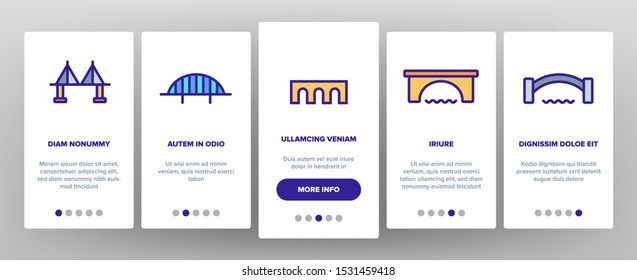 Bridge Construction Onboarding Mobile App Page Screen Vector Thin Line. Concrete And Metal, Suspended And Pedestrian Bridge Concept Linear Pictograms. Crossing River Way Contour Illustrations