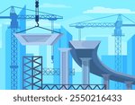 Bridge construction process. Bridges pont constructing, bridgework steps road building working concrete pillars infrastructure city architecture foundation neat vector illustration original artwork