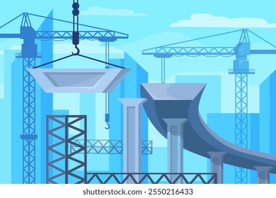 Processo de construção da ponte. Pontes pont construindo, pontes passos estrada construção trabalho pilares de concreto infraestrutura arquitetura da cidade fundação vetor puro ilustração original arte