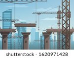 Bridge construction process on city background