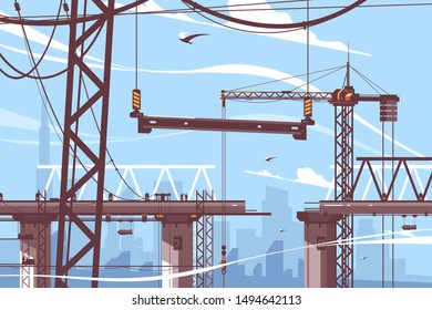 Bridge Construction Process Vector Illustration. Steps Of Formation New Bridgework Flat Style. Tower Crane Holds Concrete Support. Building Design And Maintenance Work Concept