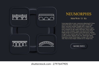 Bridge construction set icon. Arch bridge, multi span bridge, viaduct, curved bridge over water outlines. Thin line style, neumorphic dark panel, rounded square buttons, soft shadow depth