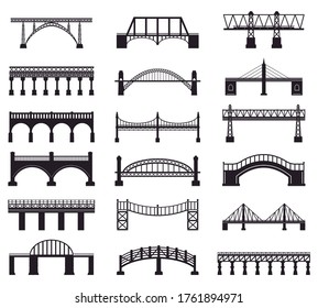 Bridge construction silhouette. River bridge architecture building, bridge transportation carriageway silhouette vector illustration icons set. Building architecture, railway and pedestrian