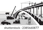 Bridge construction site with wheel loader and crane Illustration