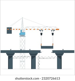 Bridge construction. Steps of building repair bridgework with crane machine, architecture maintenance concept cartoon flat style. Vector illustration of construction architecture bridge design
