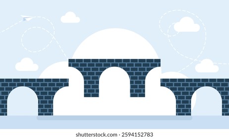 Bridge construction. Steps of building repair bridgework, architecture maintenance concept cartoon flat style. Construction architecture bridge design. Vector illustration